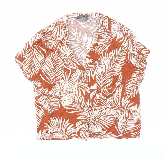 Primark Womens Orange Floral Viscose Cropped Button-Up Size 6 Collared