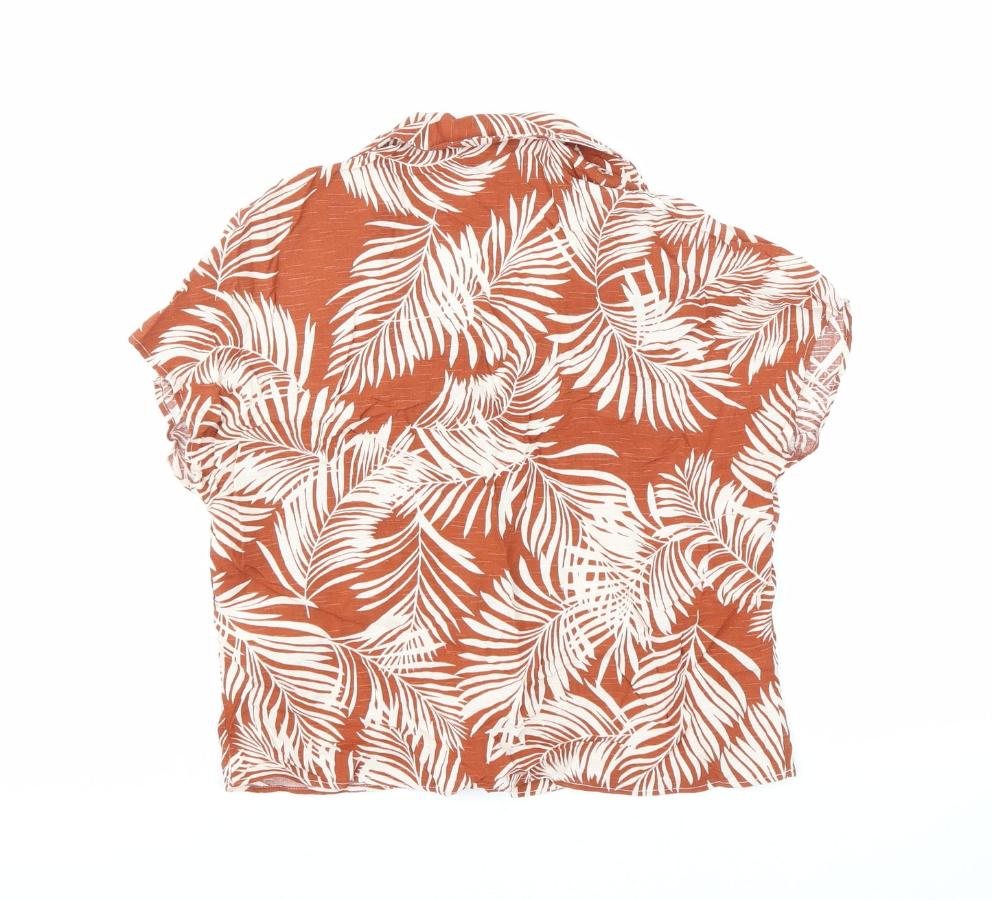 Primark Womens Orange Floral Viscose Cropped Button-Up Size 6 Collared