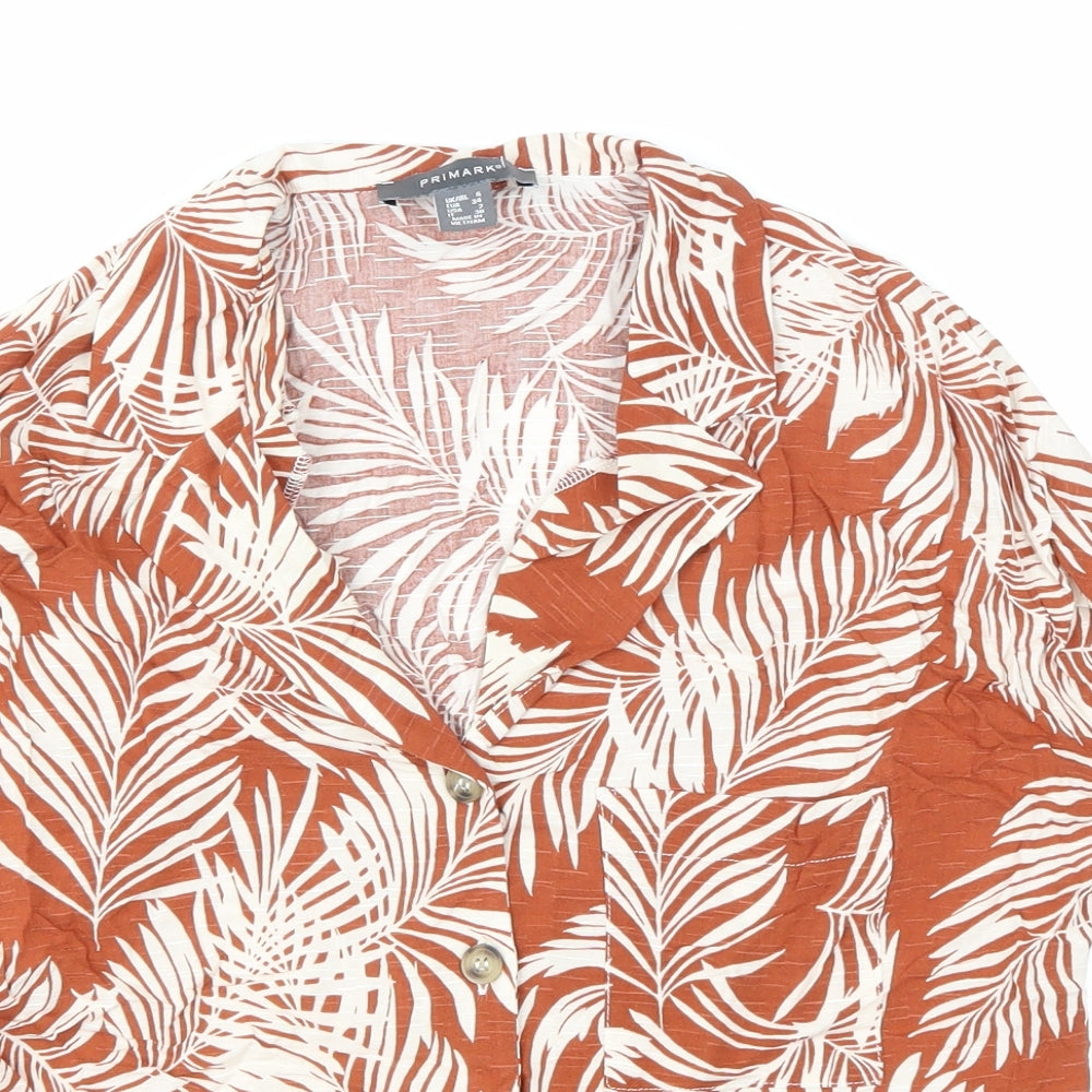 Primark Womens Orange Floral Viscose Cropped Button-Up Size 6 Collared