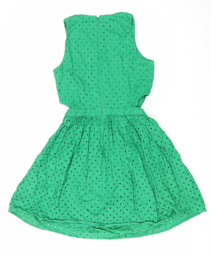 Topshop Womens Green Cotton Fit & Flare Size 10 Scoop Neck Zip - Cut out detail