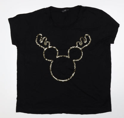 F&F Womens Black Viscose Basic Blouse Size 10 Round Neck - Mickey Reindeer