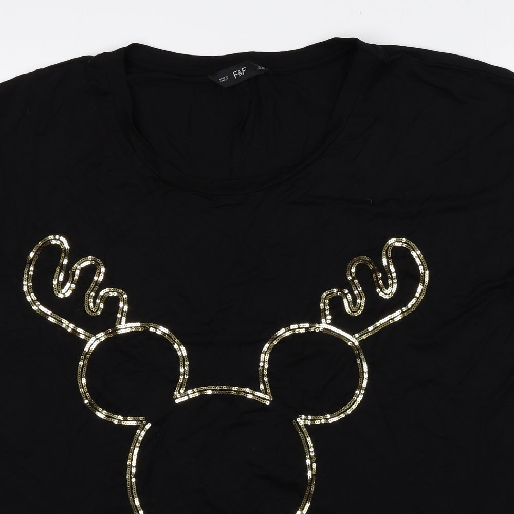 F&F Womens Black Viscose Basic Blouse Size 10 Round Neck - Mickey Reindeer