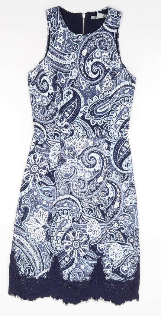 H&M Womens Blue Paisley Polyester A-Line Size XS Round Neck Zip - Lace Trim
