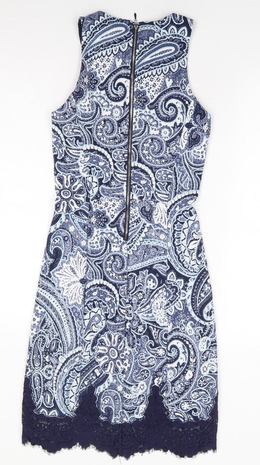 H&M Womens Blue Paisley Polyester A-Line Size XS Round Neck Zip - Lace Trim