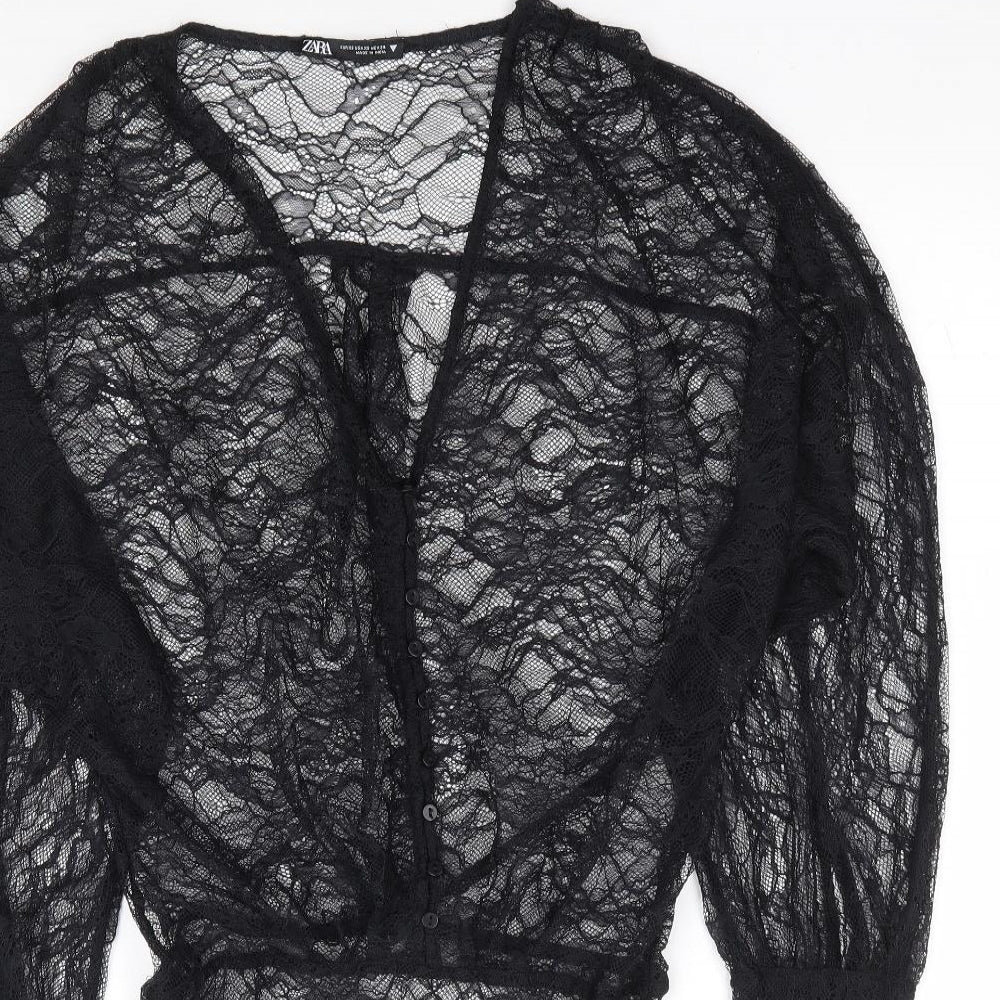 Zara Womens Black Floral Polyester Bodysuit One-Piece Size XS Button