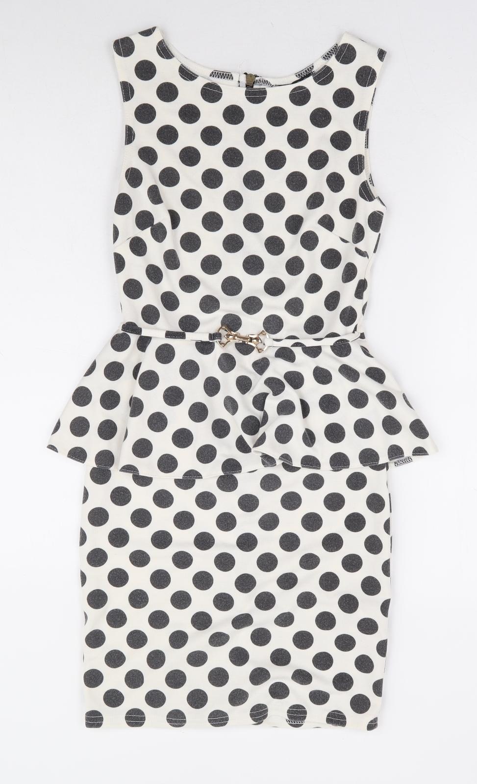 Primark Womens White Polka Dot Polyester Pencil Dress Size 8 Round Neck Zip