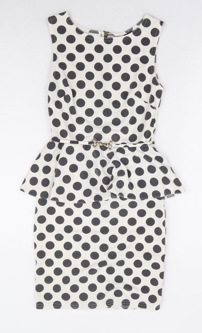 Primark Womens White Polka Dot Polyester Pencil Dress Size 8 Round Neck Zip