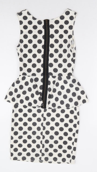Primark Womens White Polka Dot Polyester Pencil Dress Size 8 Round Neck Zip