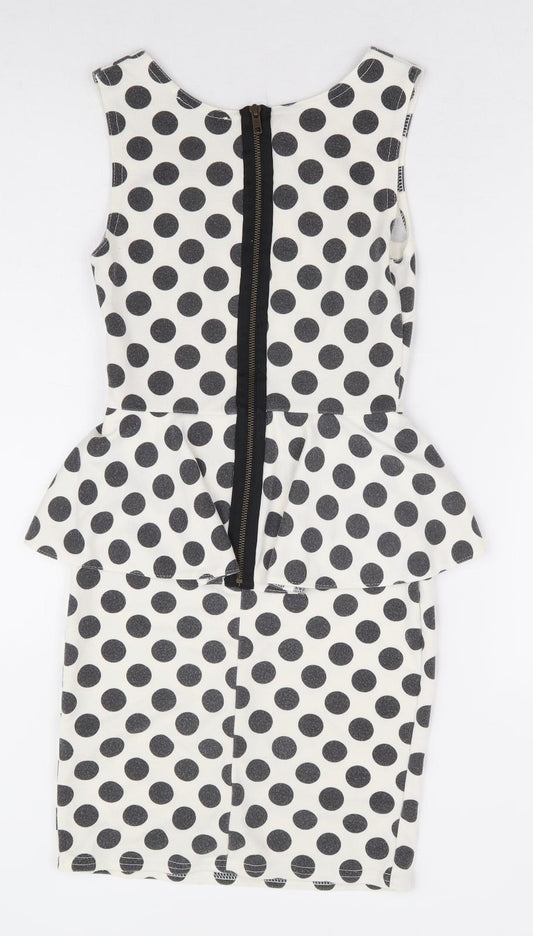 Primark Womens White Polka Dot Polyester Pencil Dress Size 8 Round Neck Zip