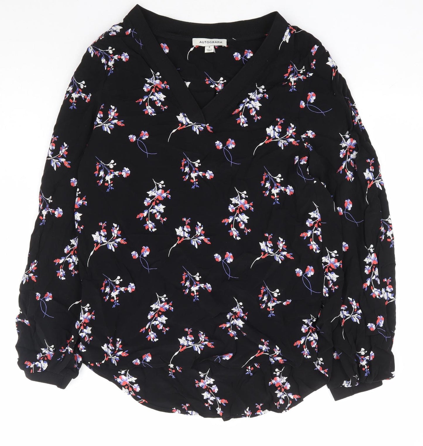Autograph Womens Black Floral Viscose Basic Blouse Size 8 V-Neck