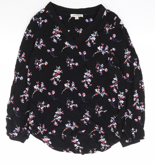 Autograph Womens Black Floral Viscose Basic Blouse Size 8 V-Neck