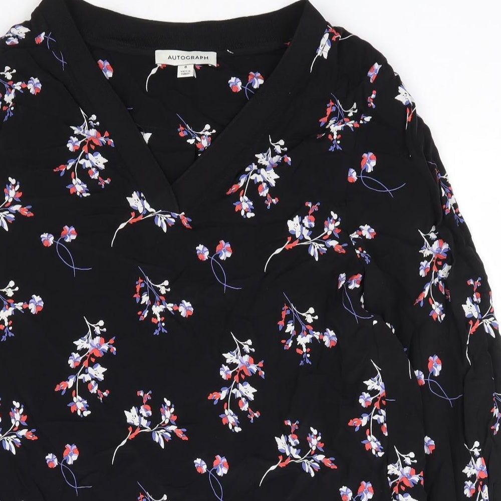 Autograph Womens Black Floral Viscose Basic Blouse Size 8 V-Neck