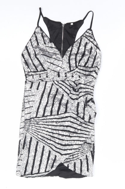 Preworn Womens Silver Geometric Polyester Bodycon Size S V-Neck Zip