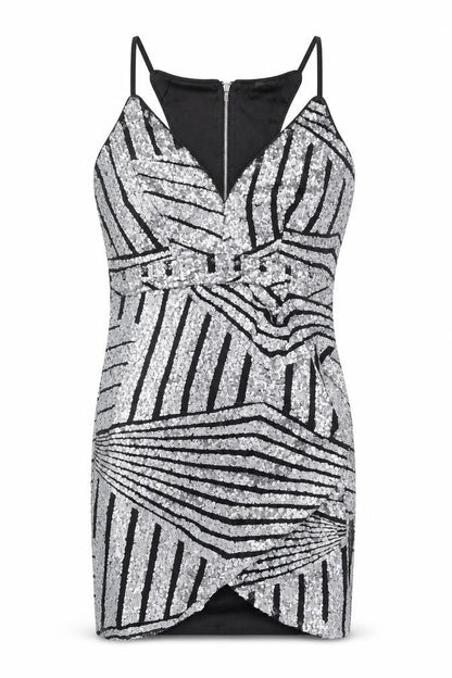 Preworn Womens Silver Geometric Polyester Bodycon Size S V-Neck Zip