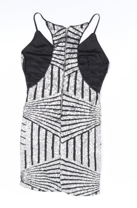 Preworn Womens Silver Geometric Polyester Bodycon Size S V-Neck Zip