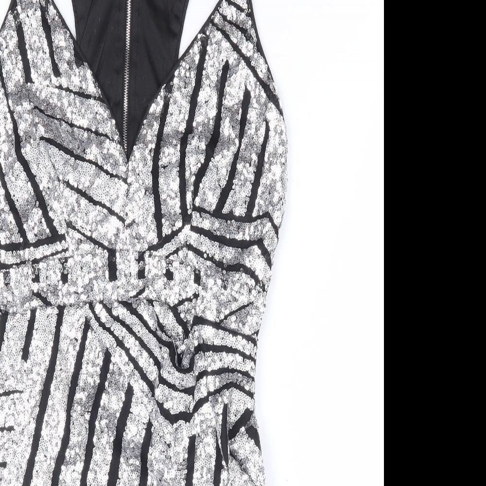 Preworn Womens Silver Geometric Polyester Bodycon Size S V-Neck Zip