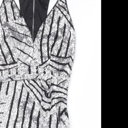 Preworn Womens Silver Geometric Polyester Bodycon Size S V-Neck Zip