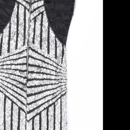 Preworn Womens Silver Geometric Polyester Bodycon Size S V-Neck Zip