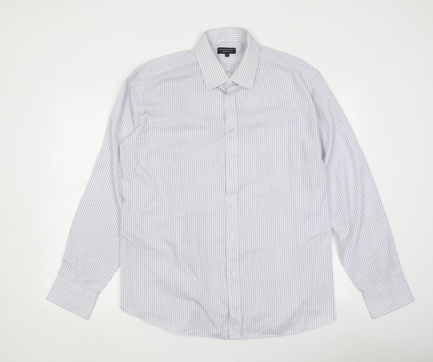 Taylor & Wright Mens Blue Striped Polyester Button-Up Size 21 Collared Button