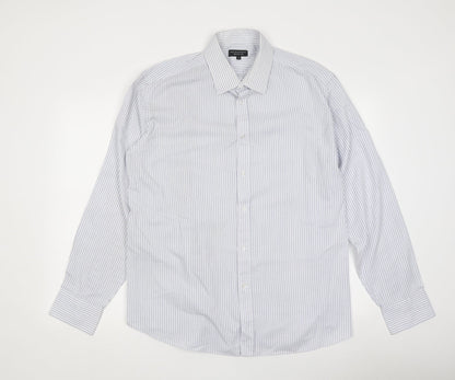 Taylor & Wright Mens Blue Striped Polyester Button-Up Size 21 Collared Button