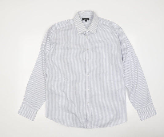 Taylor & Wright Mens Blue Striped Polyester Button-Up Size 21 Collared Button