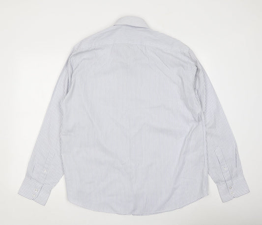 Taylor & Wright Mens Blue Striped Polyester Button-Up Size 21 Collared Button