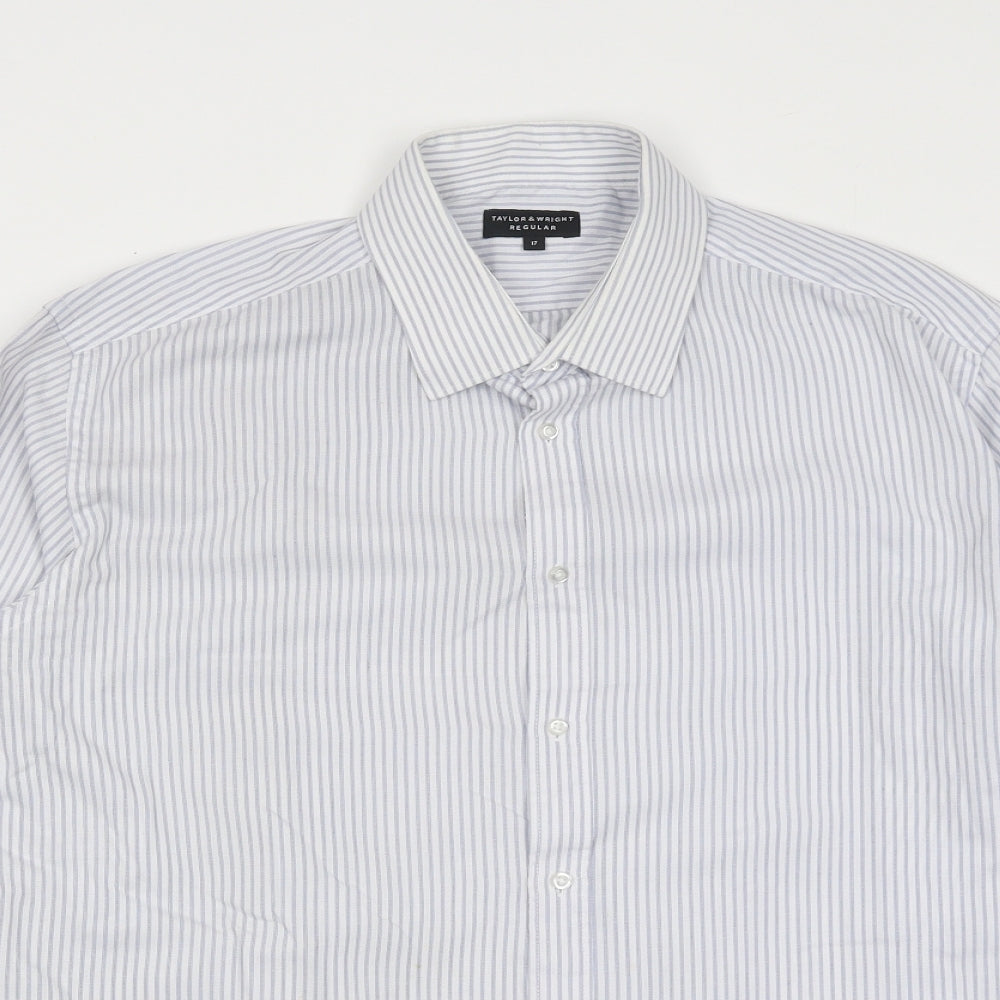Taylor & Wright Mens Blue Striped Polyester Button-Up Size 21 Collared Button
