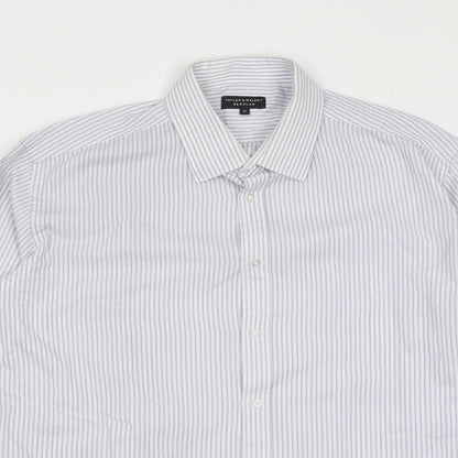 Taylor & Wright Mens Blue Striped Polyester Button-Up Size 21 Collared Button