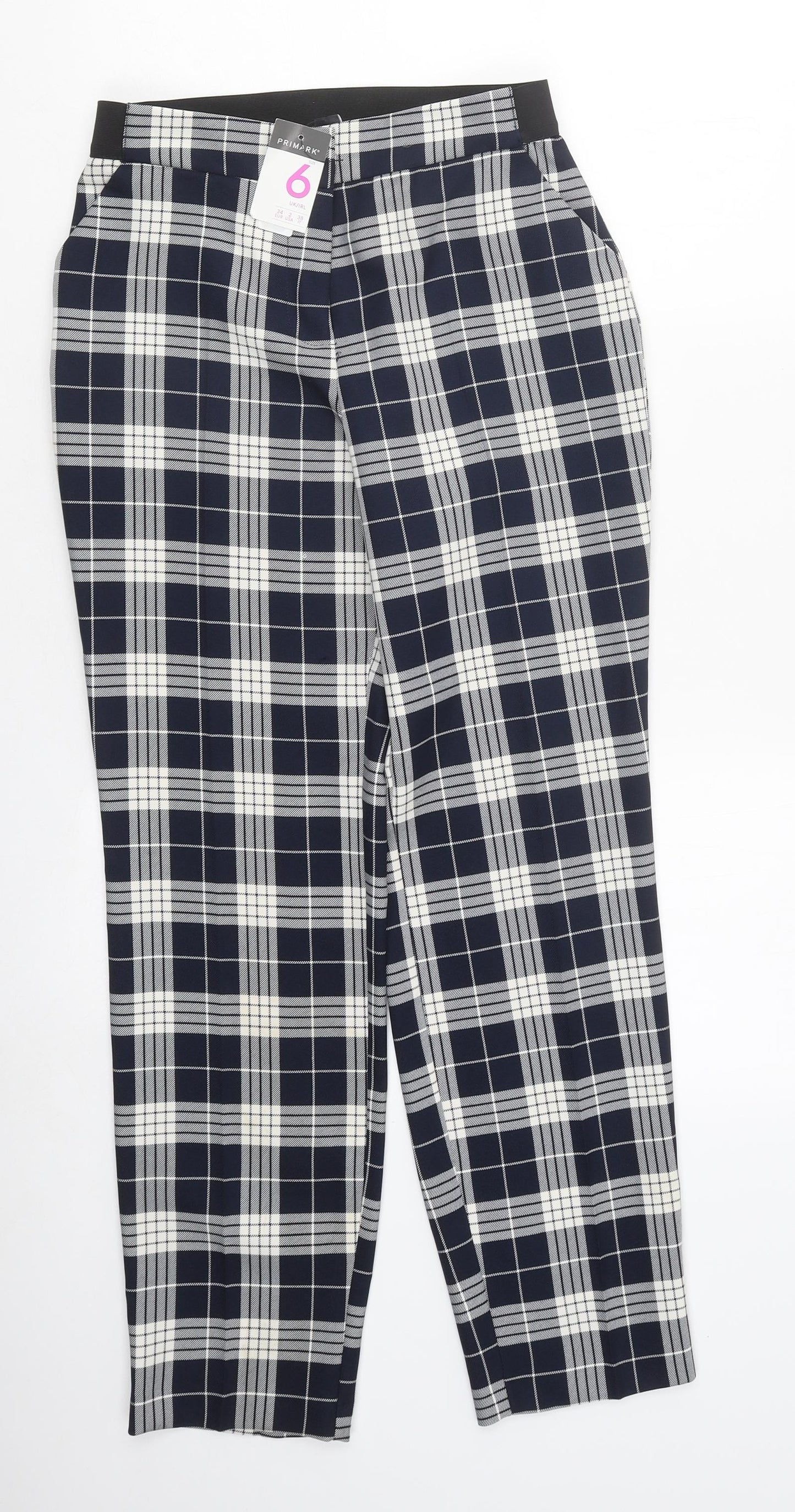 Primark Womens Black Plaid Polyester Trousers Size 6 L35 in Regular Zip