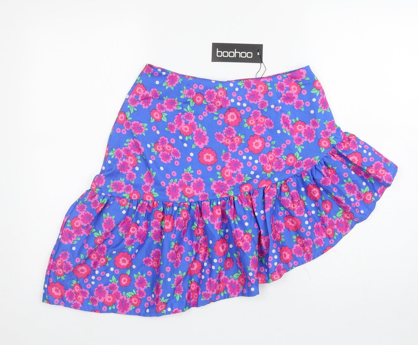 Boohoo Womens Blue Floral Polyester Skater Skirt Size 10 Zip