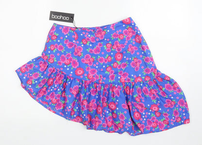 Boohoo Womens Blue Floral Polyester Skater Skirt Size 10 Zip