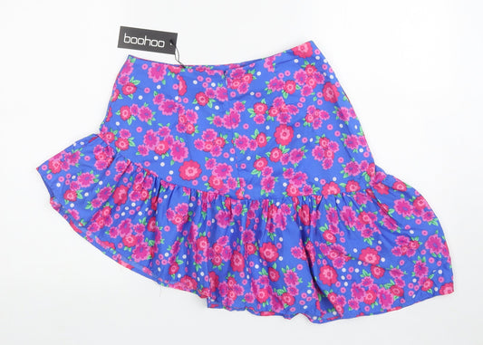 Boohoo Womens Blue Floral Polyester Skater Skirt Size 10 Zip