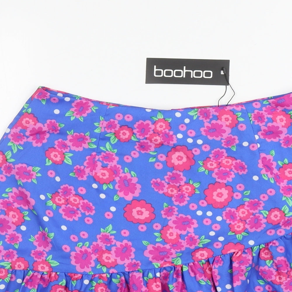Boohoo Womens Blue Floral Polyester Skater Skirt Size 10 Zip