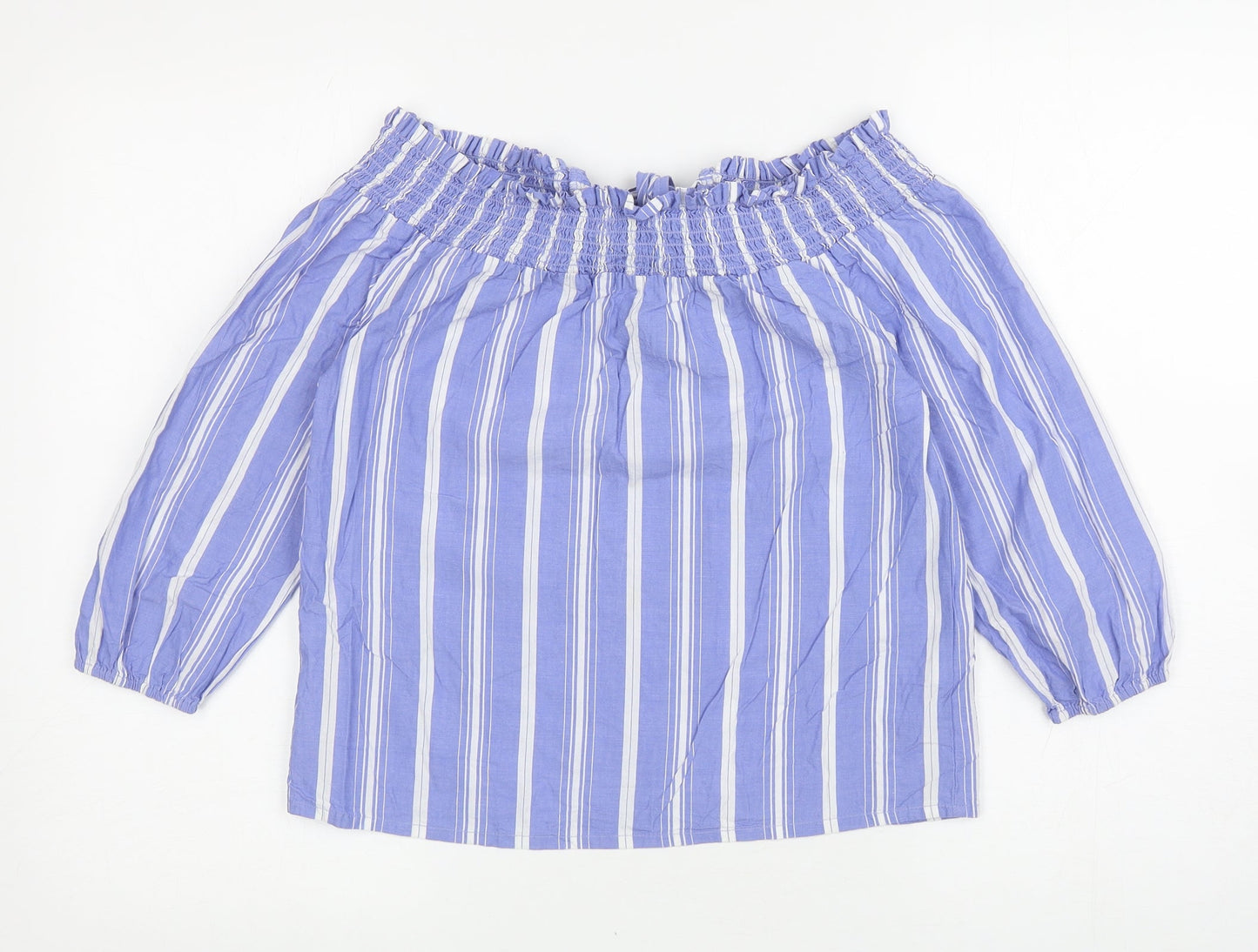 Primark Womens Blue Striped Cotton Basic Blouse Size 8 Off the Shoulder