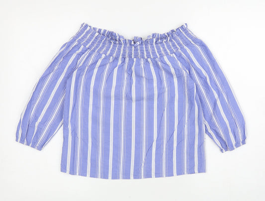 Primark Womens Blue Striped Cotton Basic Blouse Size 8 Off the Shoulder