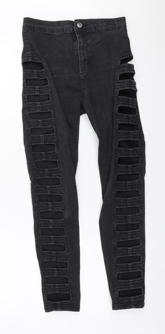 Topshop Womens Black Cotton Skinny Jeans Size 28 in L30 in Regular Zip - Side cut outs