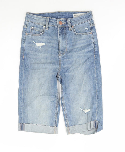 Marks and Spencer Womens Blue Cotton Bermuda Shorts Size 6 L11.5 in Regular Button - Distressed Denim