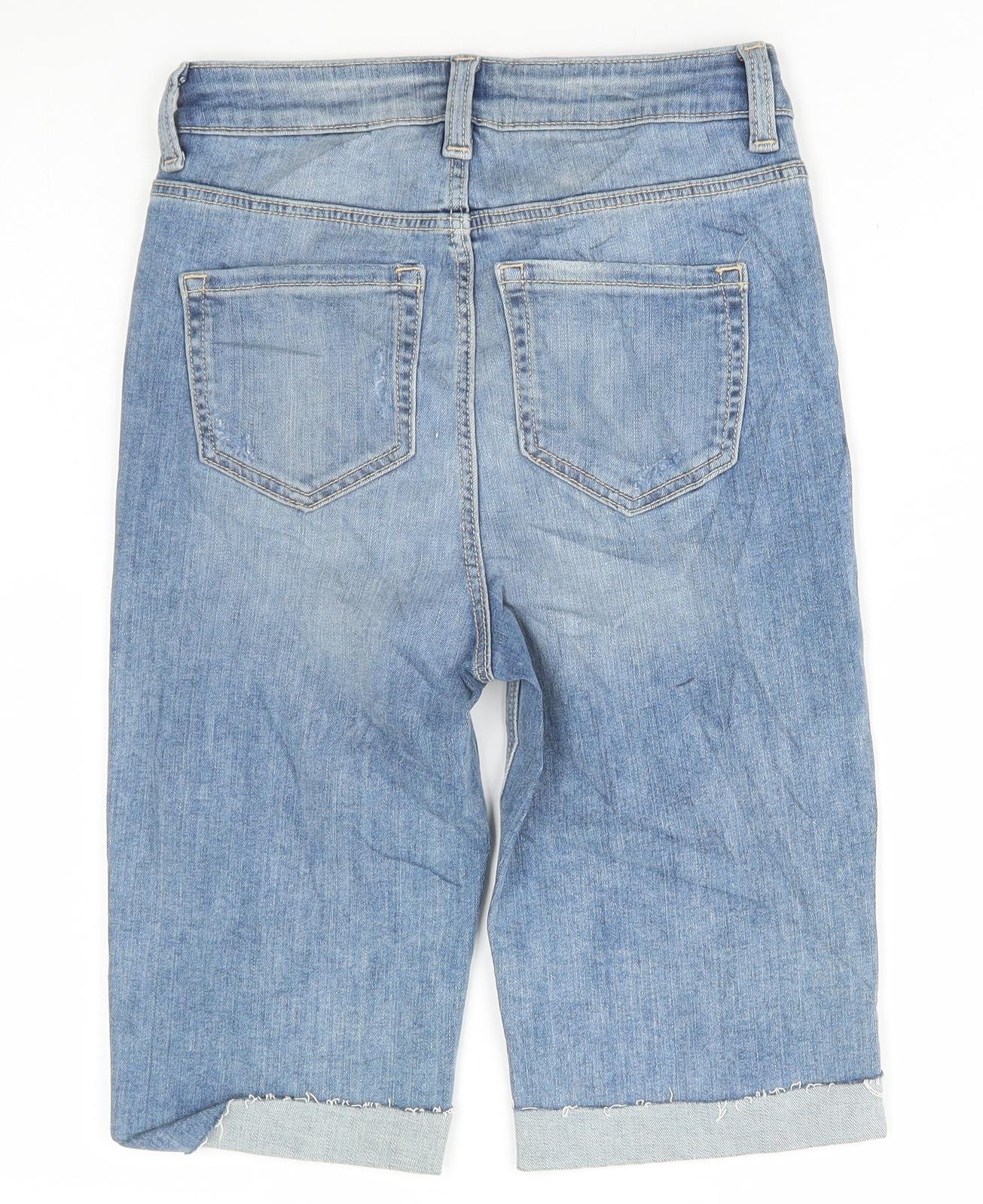 Marks and Spencer Womens Blue Cotton Bermuda Shorts Size 6 L11.5 in Regular Button - Distressed Denim