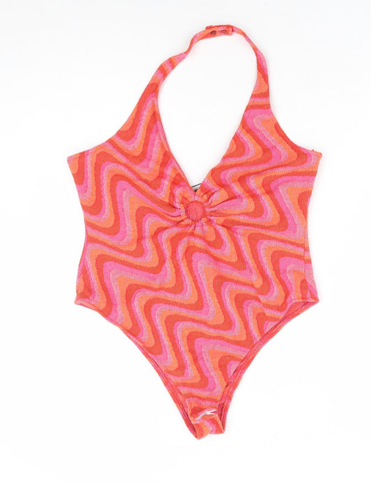 Zara Womens Pink Geometric Cotton Bodysuit One-Piece Size XL Zip - Cut Out Detail