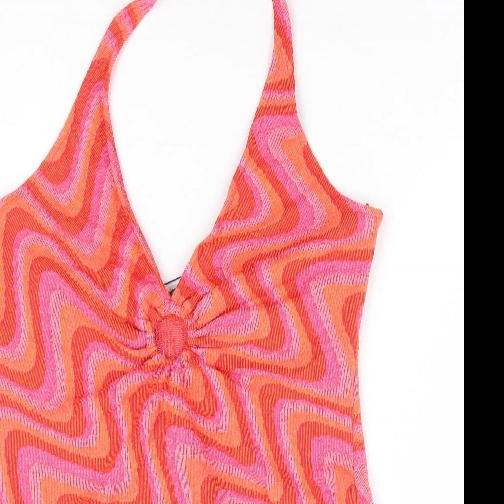 Zara Womens Pink Geometric Cotton Bodysuit One-Piece Size XL Zip - Cut Out Detail