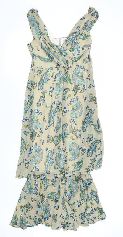 M Butterfly Womens Beige Floral Polyester A-Line Size M V-Neck Zip