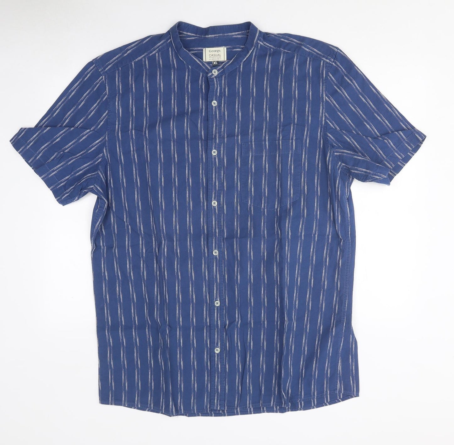 George Mens Blue Striped Polyester Button-Up Size XL Mock Neck Button