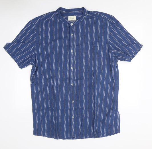 George Mens Blue Striped Polyester Button-Up Size XL Mock Neck Button