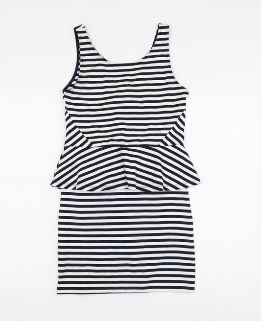 H&M Womens White Striped Viscose Bodycon Size 12 Round Neck Zip