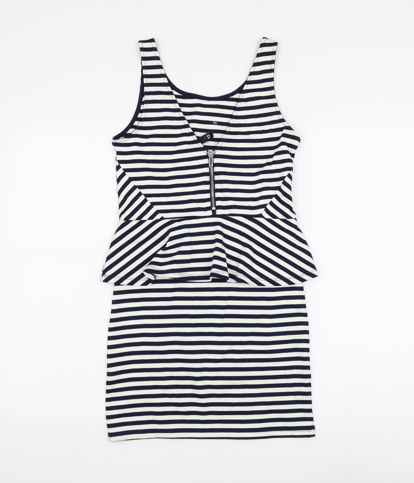 H&M Womens White Striped Viscose Bodycon Size 12 Round Neck Zip