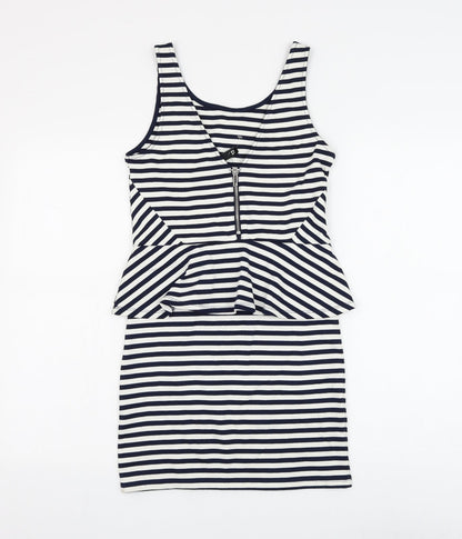 H&M Womens White Striped Viscose Bodycon Size 12 Round Neck Zip