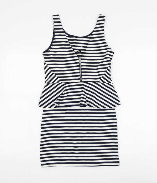 H&M Womens White Striped Viscose Bodycon Size 12 Round Neck Zip