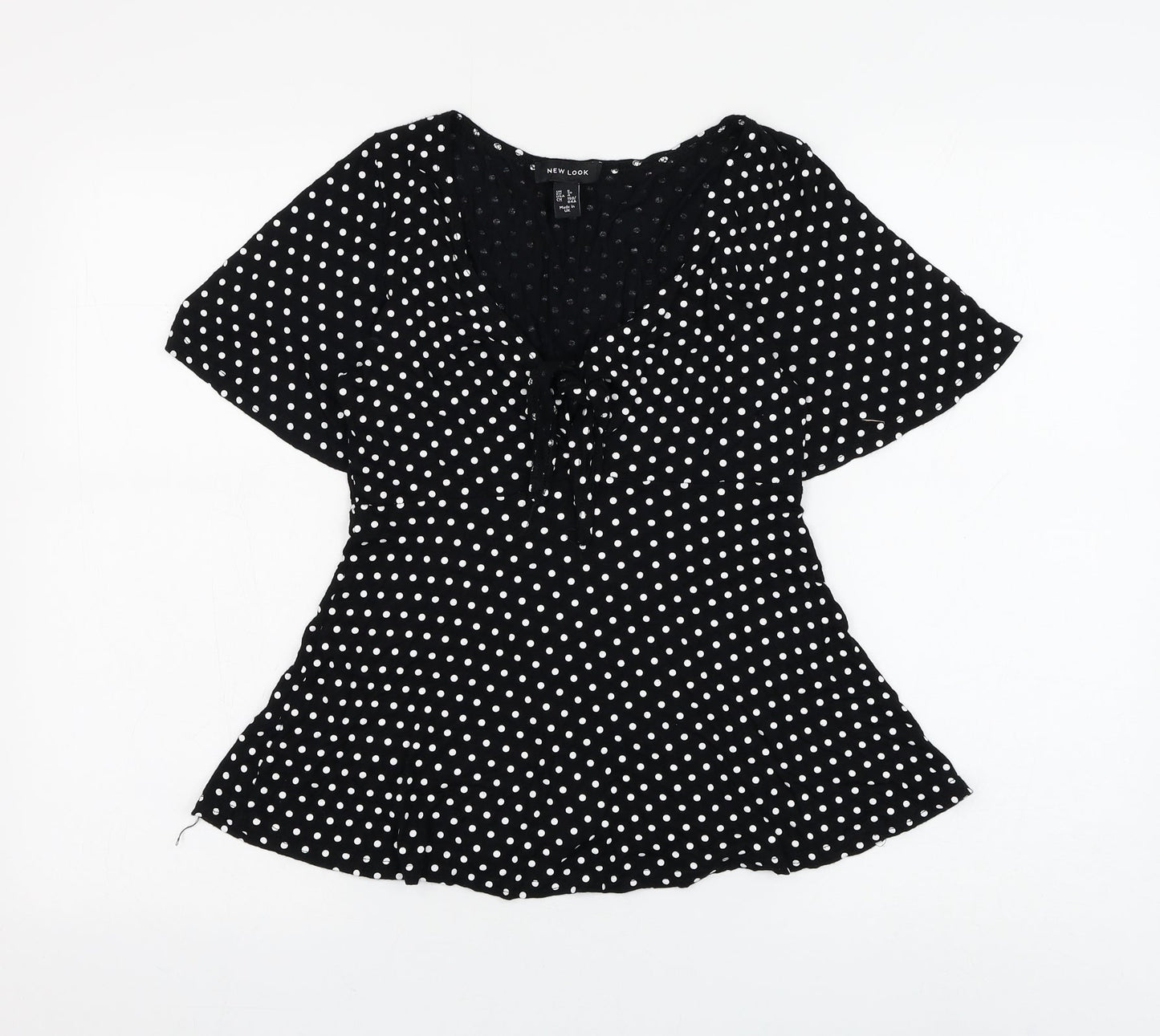 New Look Womens Black Polka Dot Polyester Basic Blouse Size 8 V-Neck - Knot Front