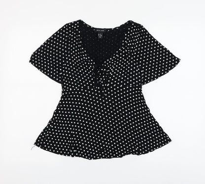 New Look Womens Black Polka Dot Polyester Basic Blouse Size 8 V-Neck - Knot Front