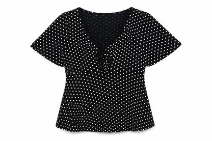 New Look Womens Black Polka Dot Polyester Basic Blouse Size 8 V-Neck - Knot Front
